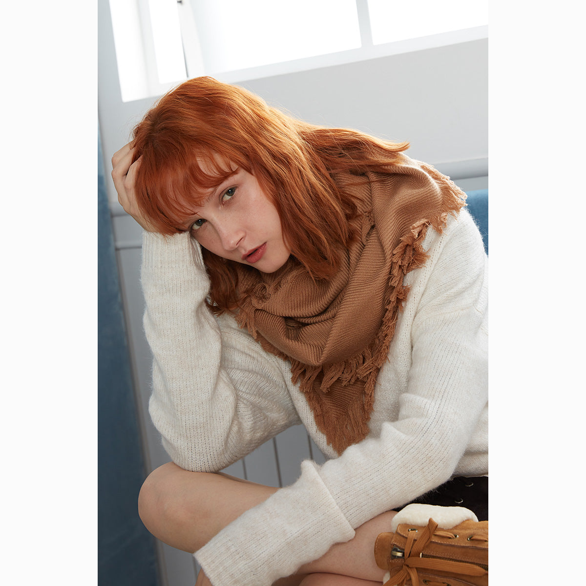 fringed check wool scarf
