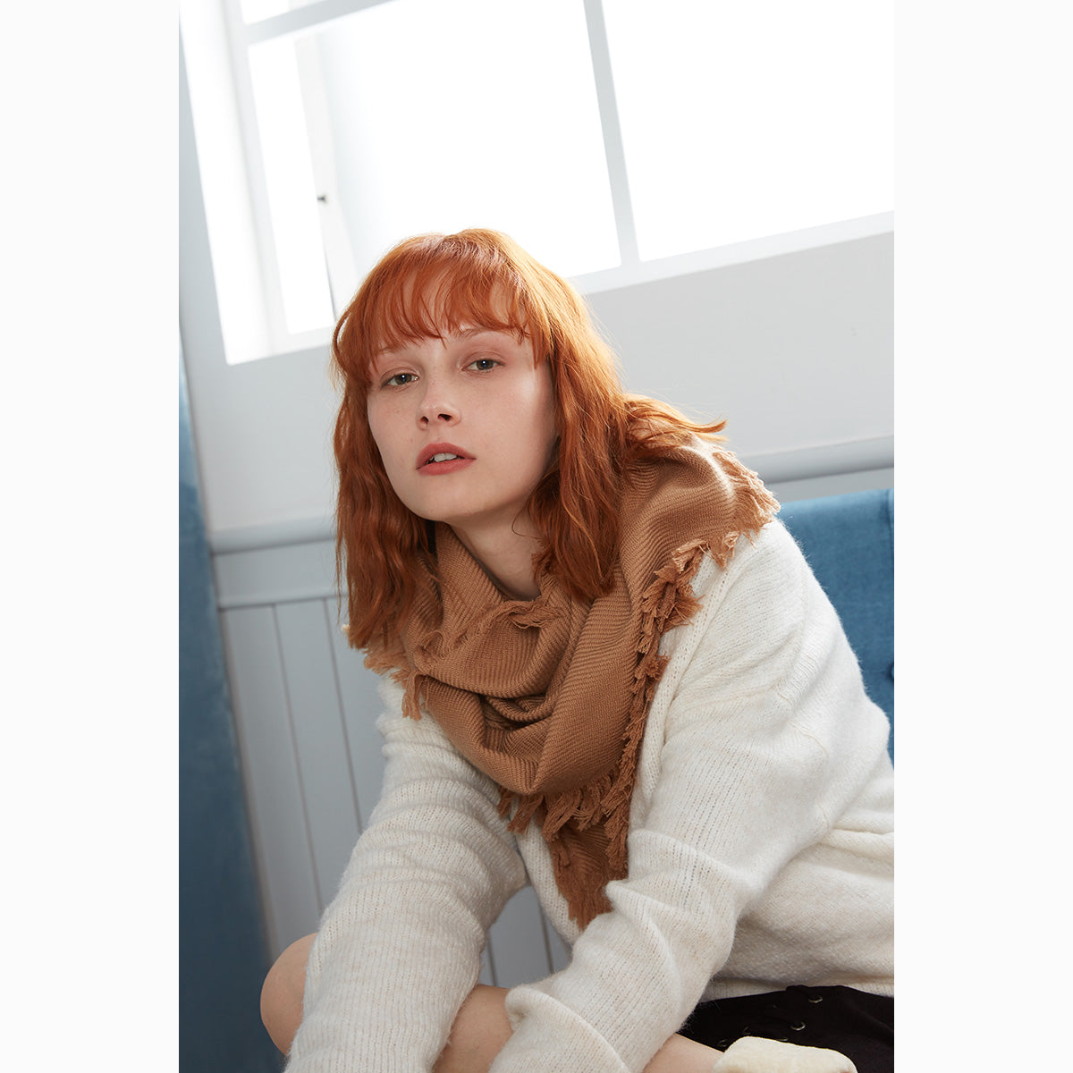 fringed check wool scarf